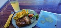 Locally caught Pollock and chips on Sark island