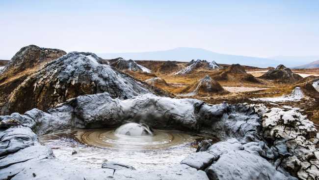 Bizarre bubbling mud volcanoes in Gobustan National Park, Azerbaijan.