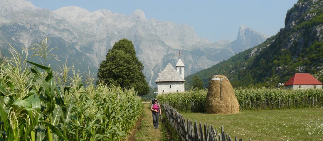 Walking towards the picturesque Church of Theth in Albania