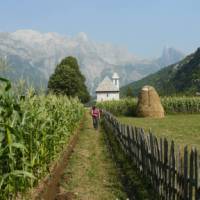Walking towards the picturesque Church of Theth in Albania