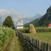 Walking towards the picturesque Church of Theth in Albania