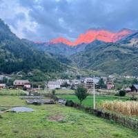 Sunset on peaks surrounding the Theth Valley Albania | Kate Baker