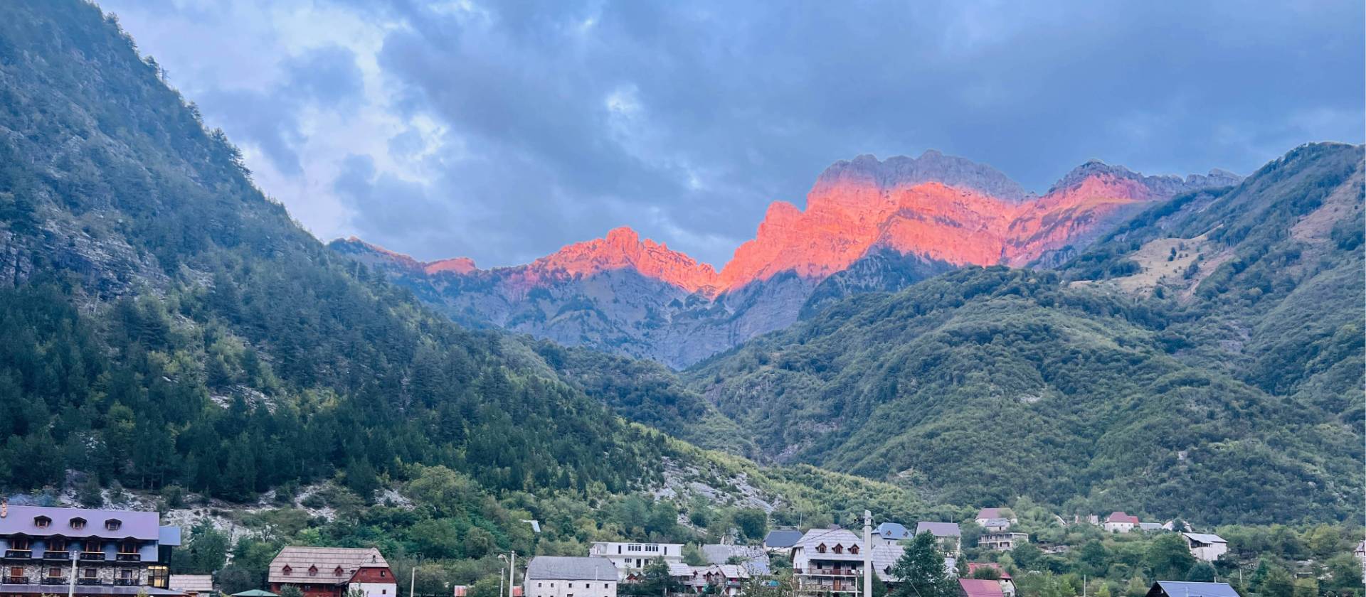 Sunset on peaks surrounding the Theth Valley Albania | Kate Baker