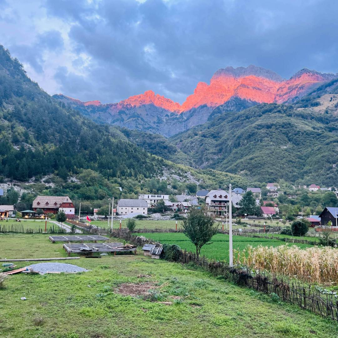 Sunset on peaks surrounding the Theth Valley Albania | Kate Baker