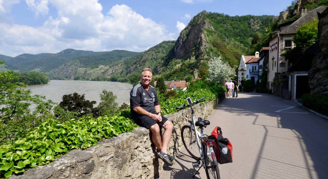 Cycling through Durnstein village along the Danube in the Wachau Valley