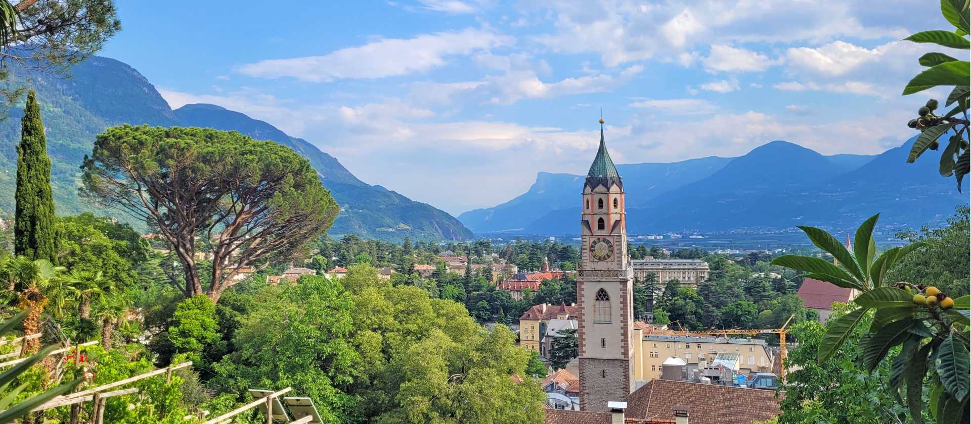 Panoramic views over Merano as the trail descends into South Tyrol