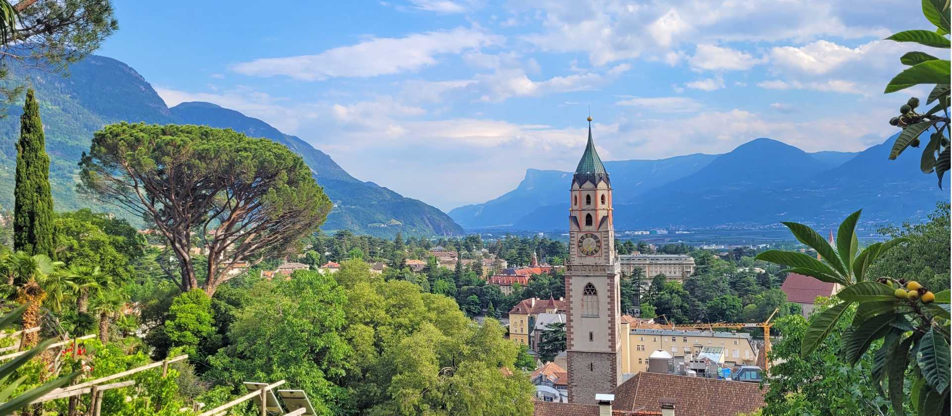 Panoramic views over Merano as the trail descends into South Tyrol