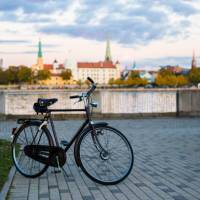 A bike poses in Riga, the capital of Latvia