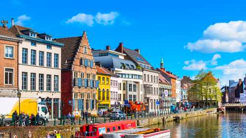 Colourful buildings and boats in Ghent, Belgium