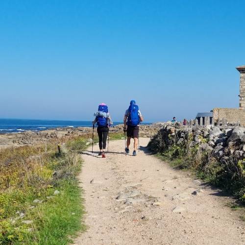 Pilgrims walking the coastal way of the Portuguese Camino
