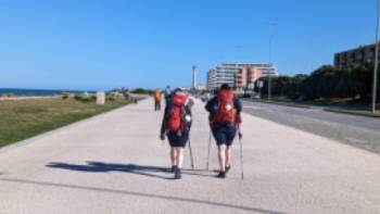 Two keen walkers setting off on the Portuguese Camino Trail.