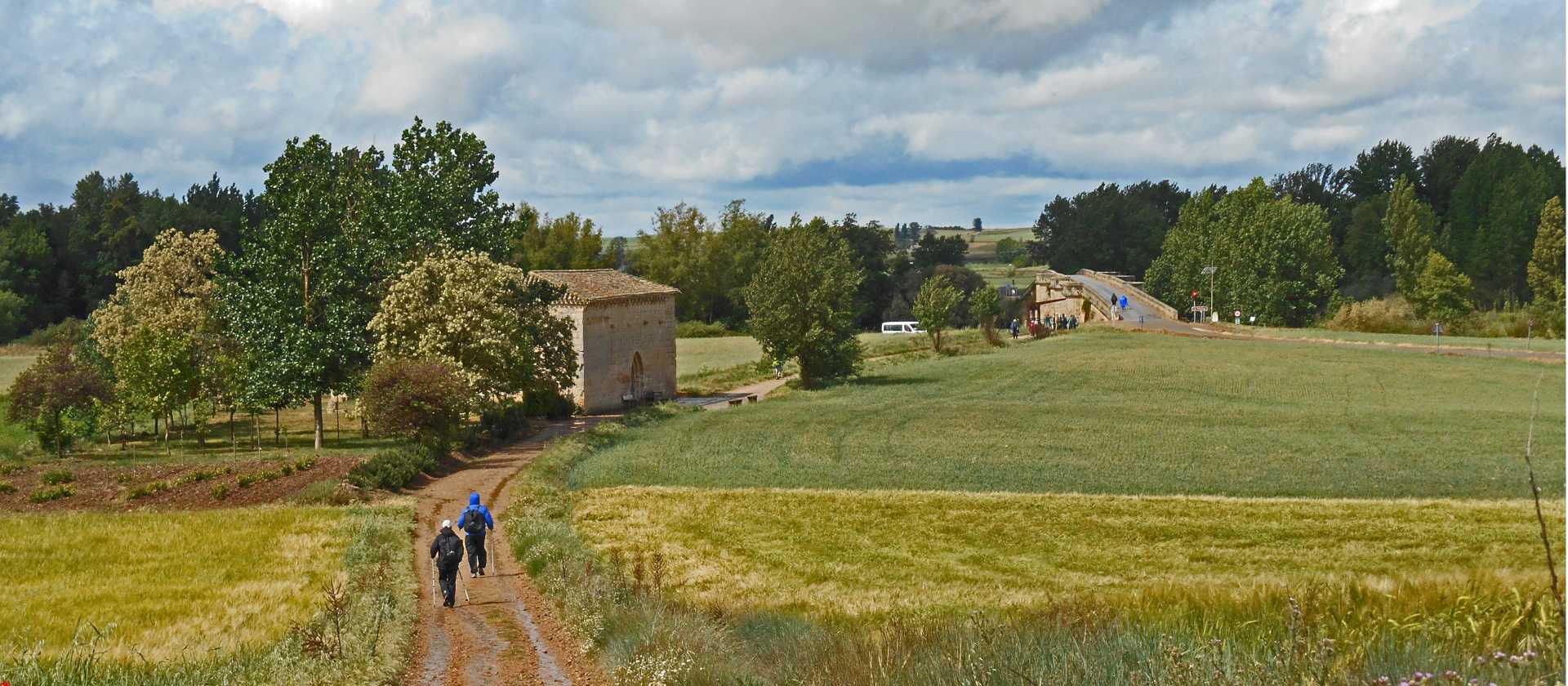 Pilgrims walking through a meadow in Spain | Wolfgang Schwenk