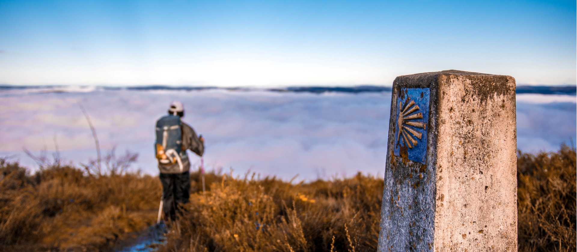 Walking the Camino trail on a foggy morning
