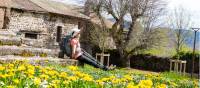 A pilgrim rests near Aubrac on the Le Puy Camino in France