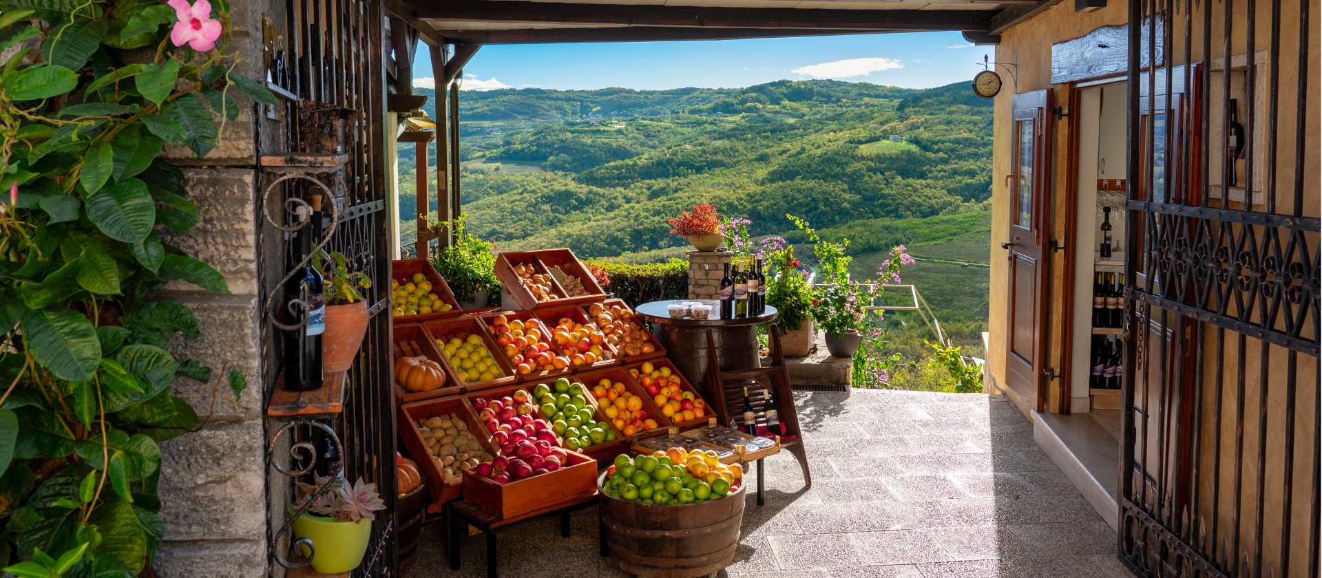 A fruit and vegetable stand with a view in Motovun