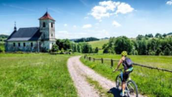 Riding up to an old church in the Czech Republic