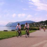 Cyclists on the bike path next to Lake Bourget