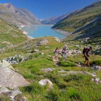 Group ascending a mountain on the Tour de Monte Rosa Walk above a stunning alpine lake | Andrew Bain