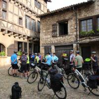 Stopping at the village of Perouges on the Rhone Cycle Path
