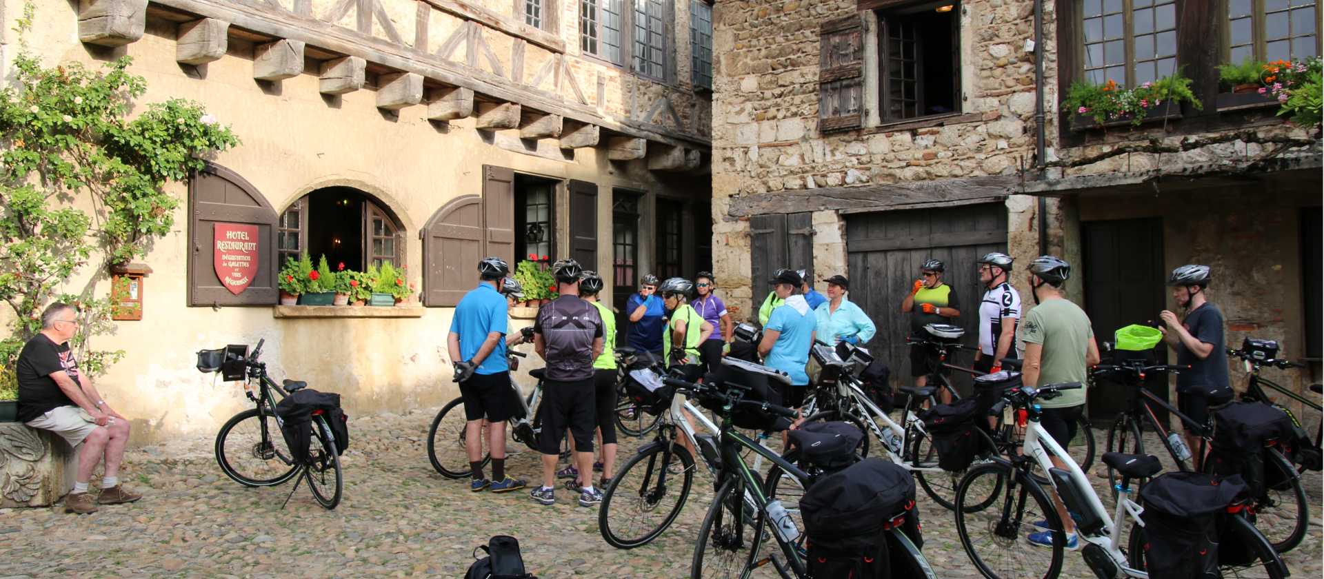 Stopping at the village of Perouges on the Rhone Cycle Path