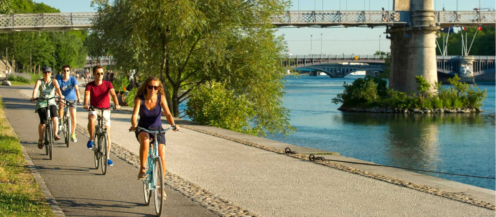 Cyclists on the Rhone Cycle Way in Seyssel