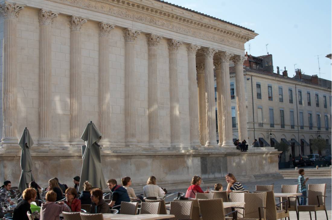 cafe in front of the Maison Carrée in Nimes, one of the best preserved Roman temples |  <i>Kate Baker</i>