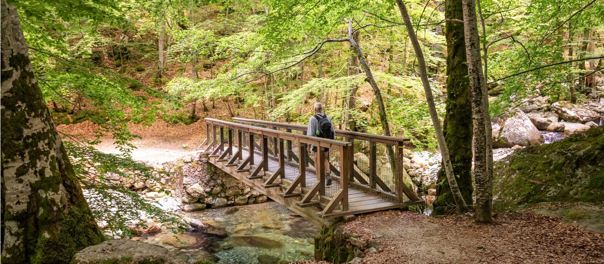 Crossing a bridge on the GR20 trail on Corsica