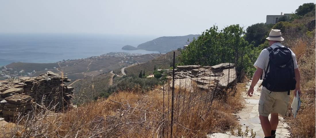 Hiker on the Andros Trail Self Guided Walk between Batsi and Gavrio