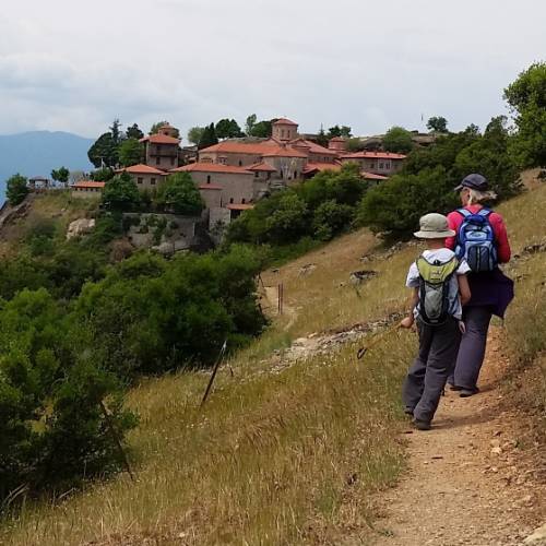 Hikers approaching Megalo Meteoron