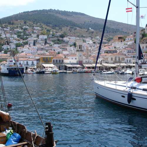 Sailing boats in the harbour of Hydra, Peloponnese Islands