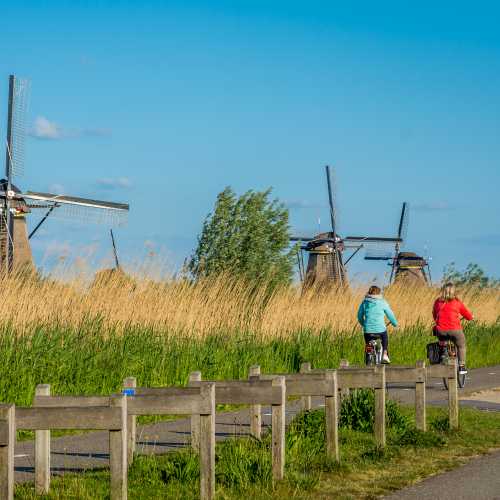 Cycle by windmills in the Kinderdijk