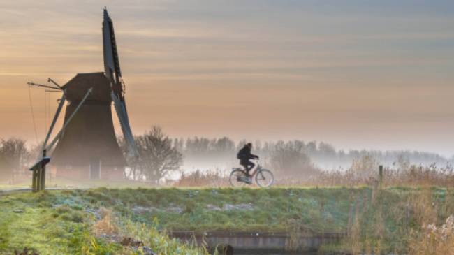 Cycling through a foggy morning in the Netherlands