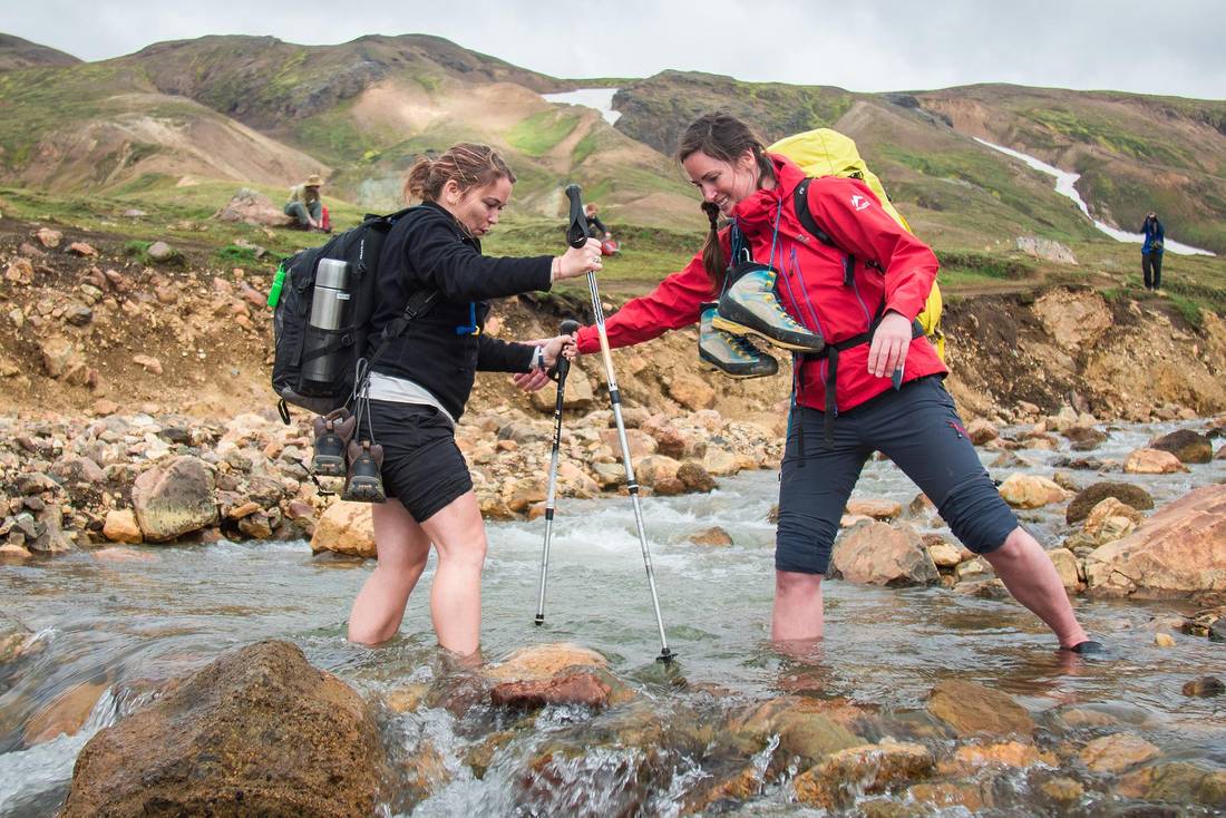 Crossing a river on the Laugavegur Trail in Iceland