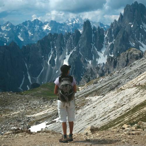 Hiking in the Dolomites with incredible views of the spired peaks