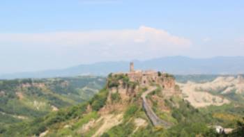 The town of Civita di Bagnoregio, noted for its striking position on top of a plateau of volcanic tuff above the Tiber river valley.