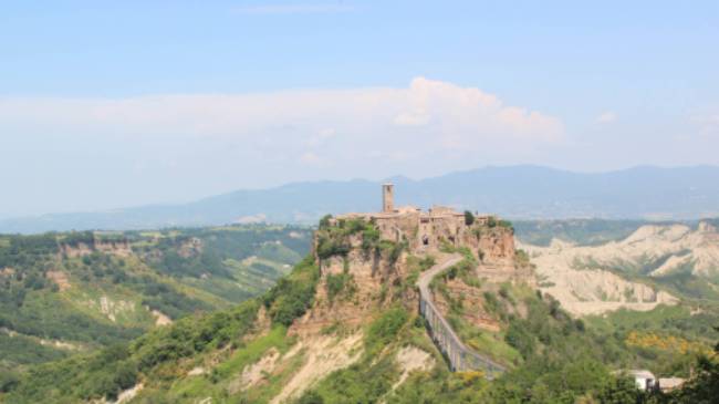 The town of Civita di Bagnoregio, noted for its striking position on top of a plateau of volcanic tuff above the Tiber river valley.