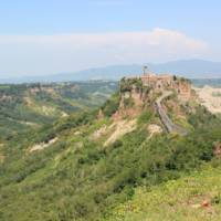 The town of Civita di Bagnoregio, noted for its striking position on top of a plateau of volcanic tuff above the Tiber river valley.
