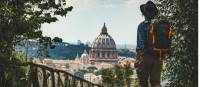 Pilgrim walking into St Peters in Rome at the end of the Via Francigena |  <i>Tim Charody</i>