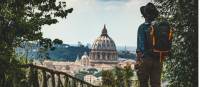 Pilgrim walking into St Peters in Rome at the end of the Via Francigena |  <i>Tim Charody</i>