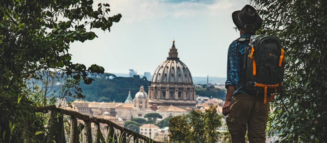 Pilgrim walking into St Peters in Rome at the end of the Via Francigena |  <i>Tim Charody</i>