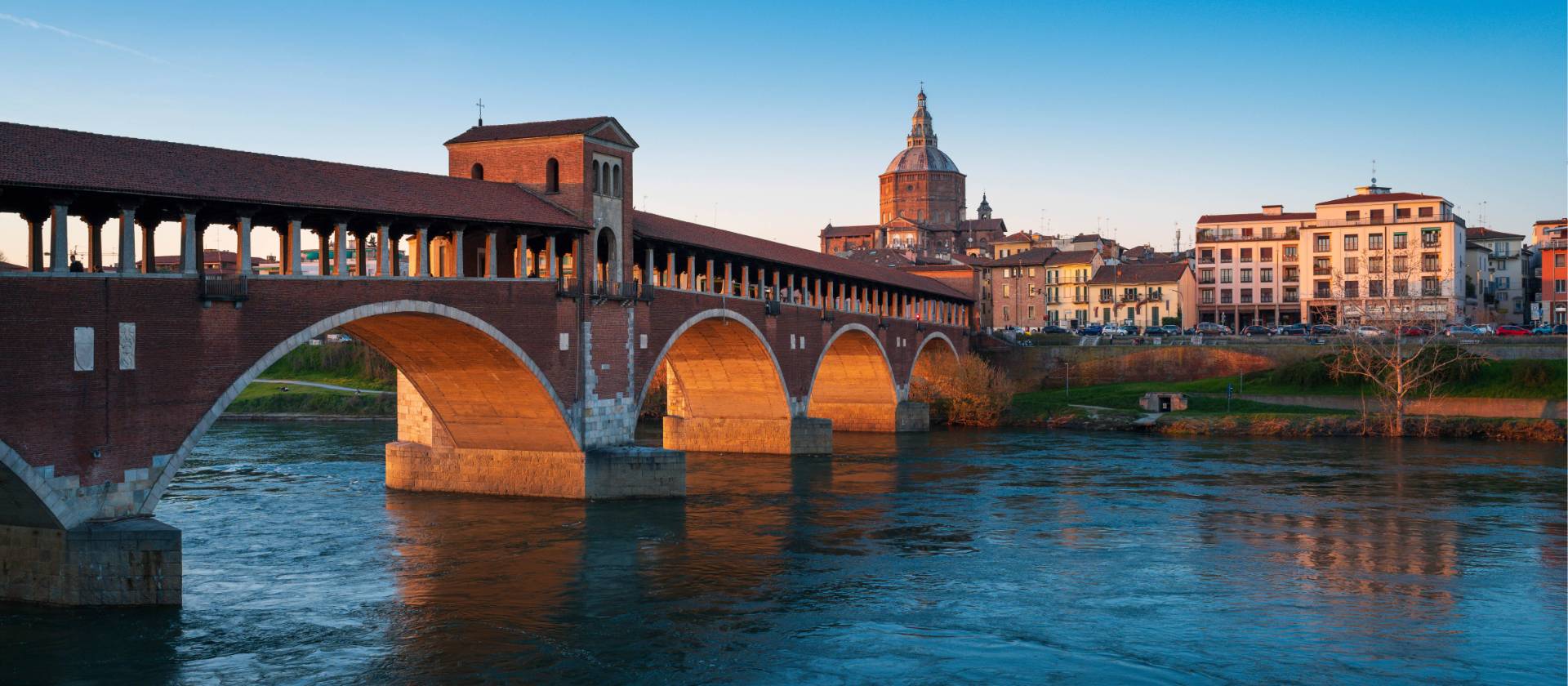 The iconic covered bridge in Pavia, Italy