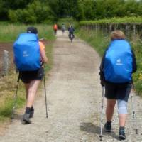 Cyclist passing pilgrims on the trail to Santiago in Portugal | Pat Rochon