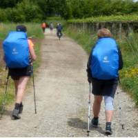 Cyclist passing pilgrims on the trail to Santiago in Portugal | Pat Rochon