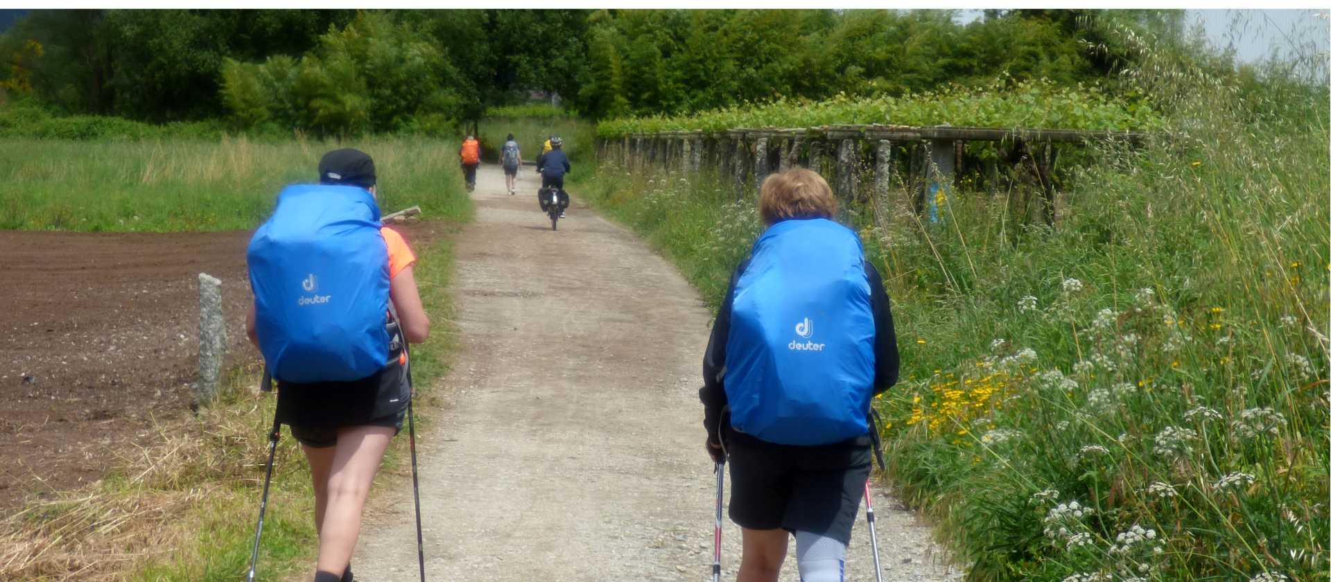 Cyclist passing pilgrims on the trail to Santiago in Portugal | Pat Rochon