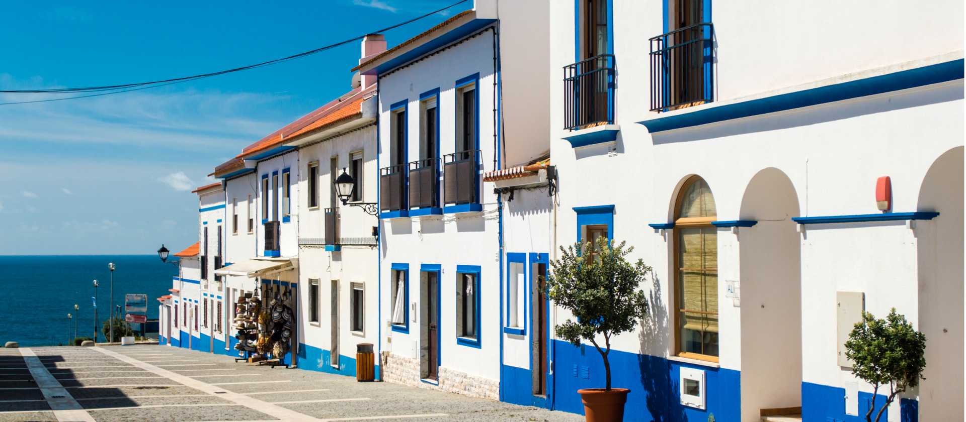 Traditional blue and white buildings in Alentejo