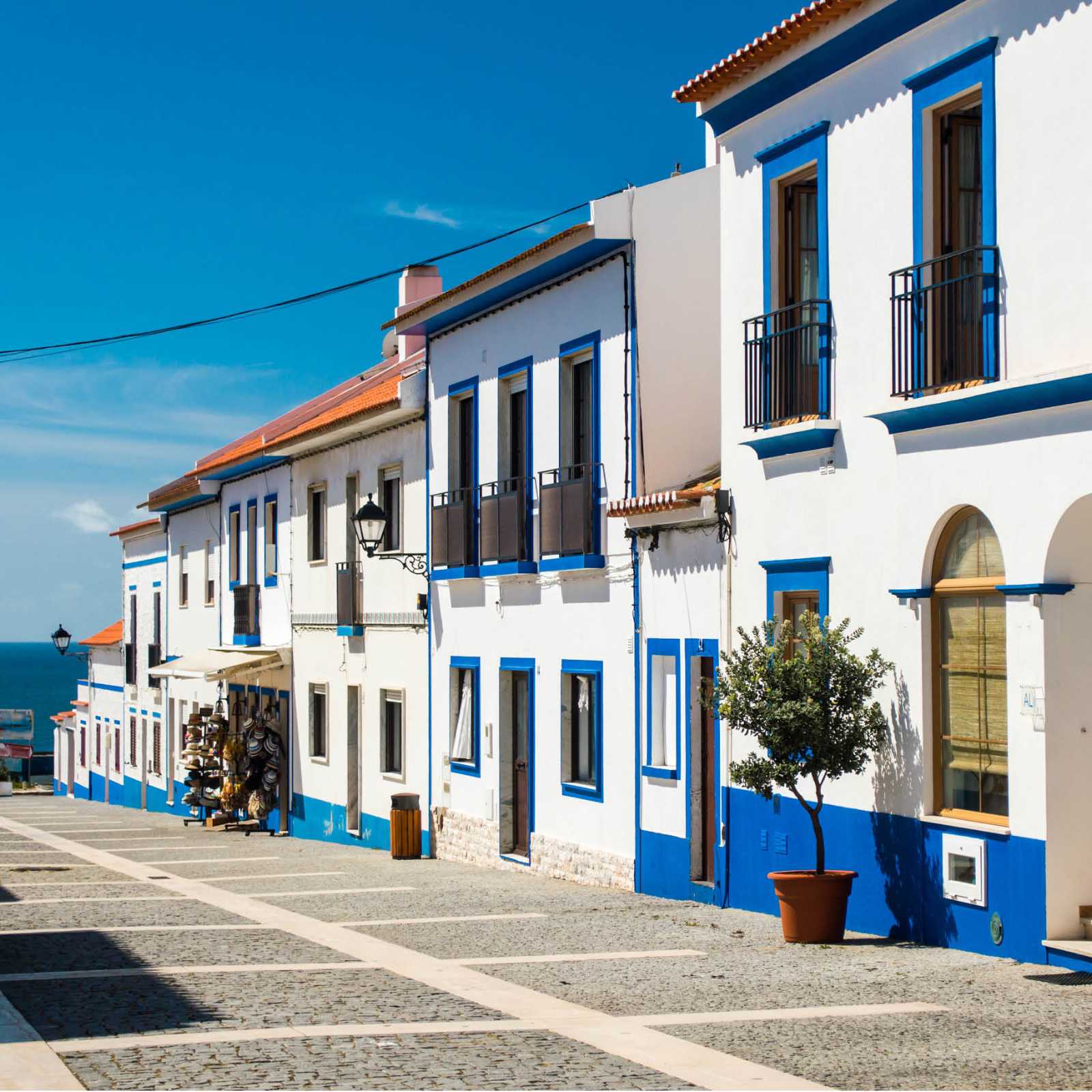 Traditional blue and white buildings in Alentejo
