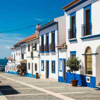 Traditional blue and white buildings in Alentejo