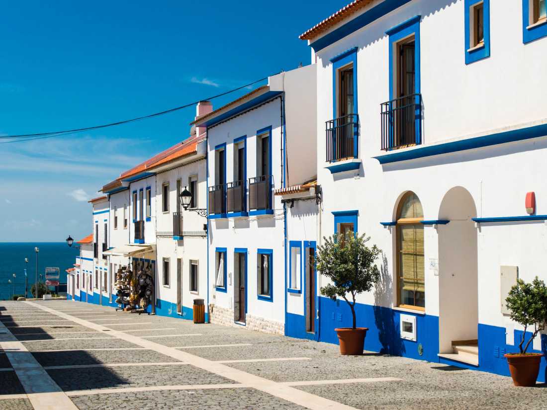 Traditional blue and white buildings in Alentejo