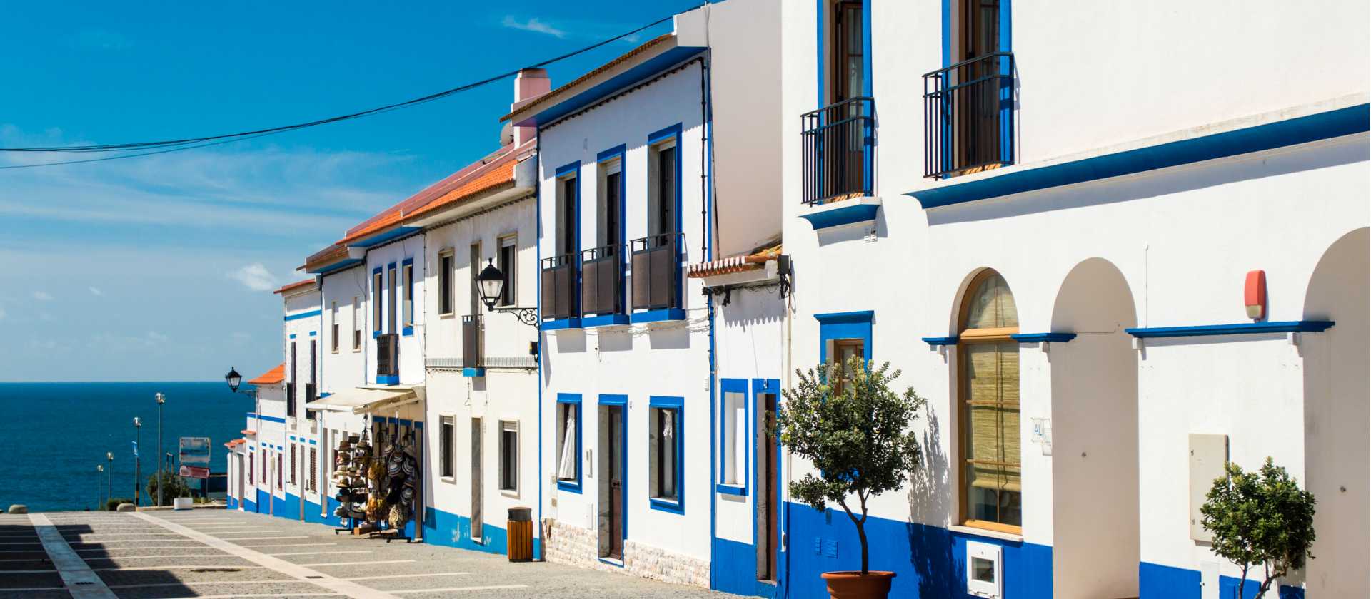 Traditional blue and white buildings in Alentejo