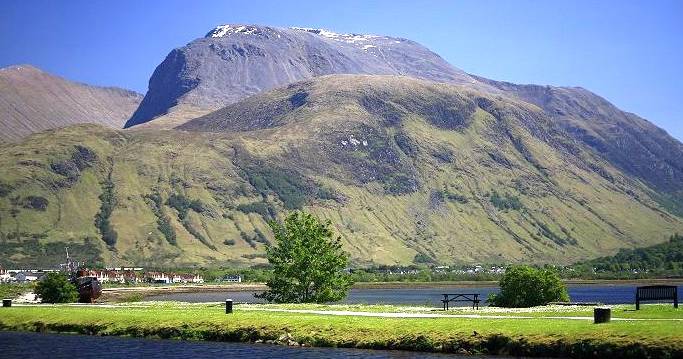 Stunning view of Ben Nevis from the sea basin of the Caledonian Canal